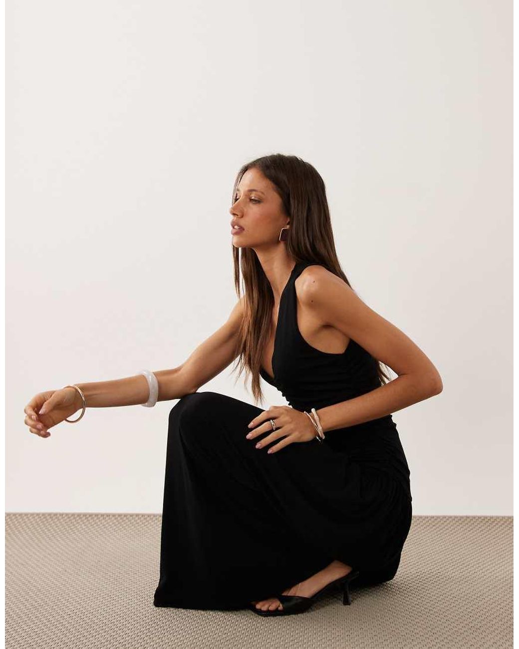 Mango Black V Neck Ruched Maxi Dress