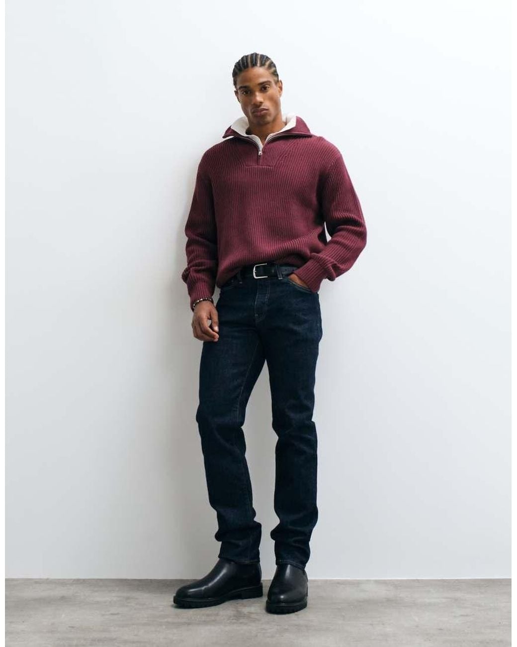 SELECTED Red 100% Cotton High Neck 1/4 Zip Knitted Sweater for men