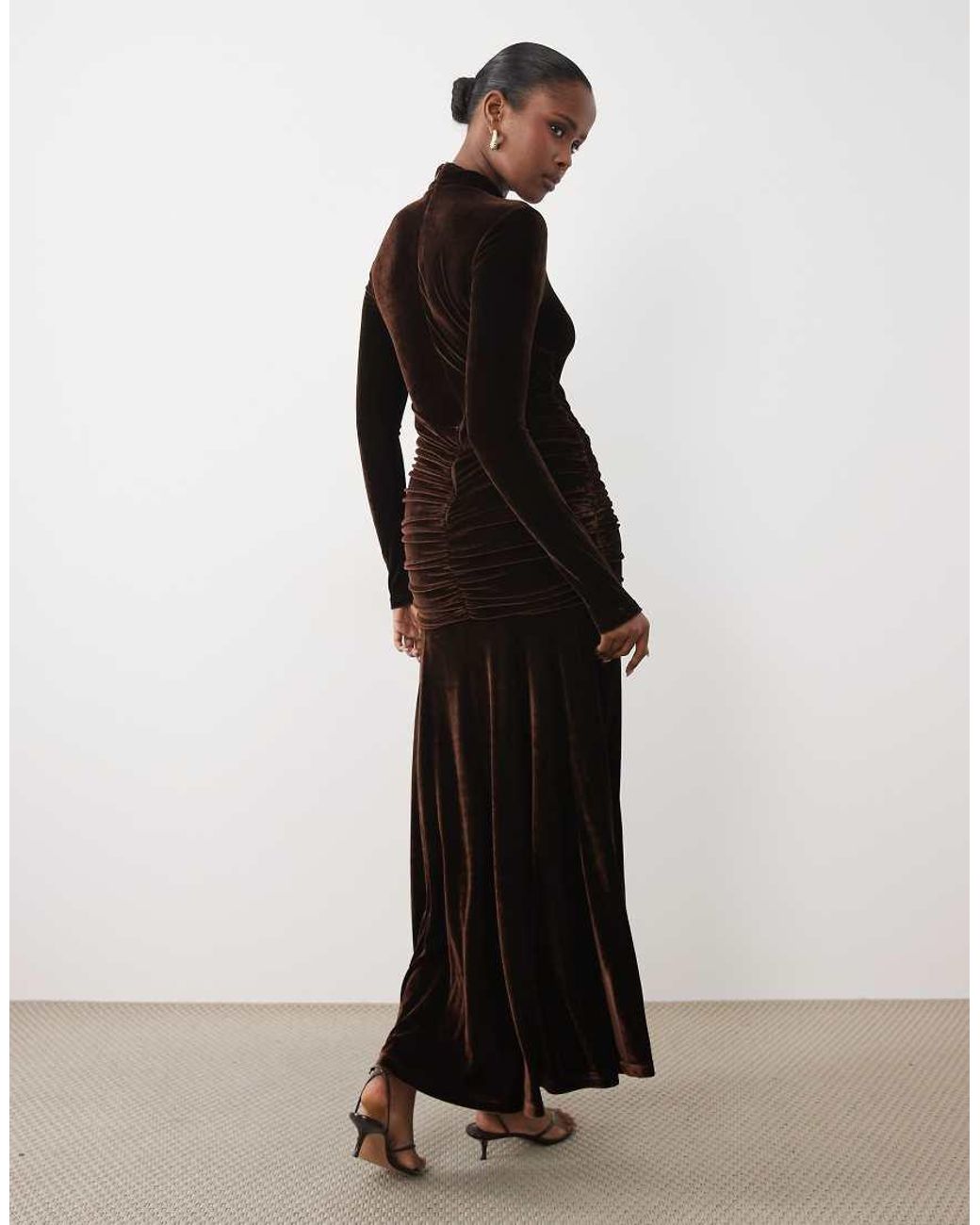 Bardot Black Velvet High Neck Long Sleeve Ruched Detail Godet Maxi Dress