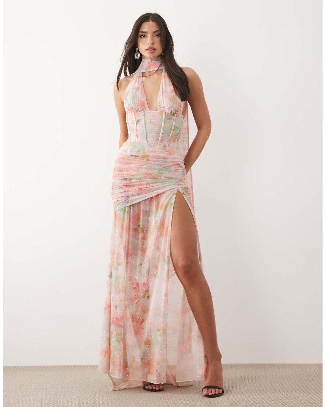 Oh Polly Pink Premium Embellished Scarf And Corset Detailing Maxi Dress