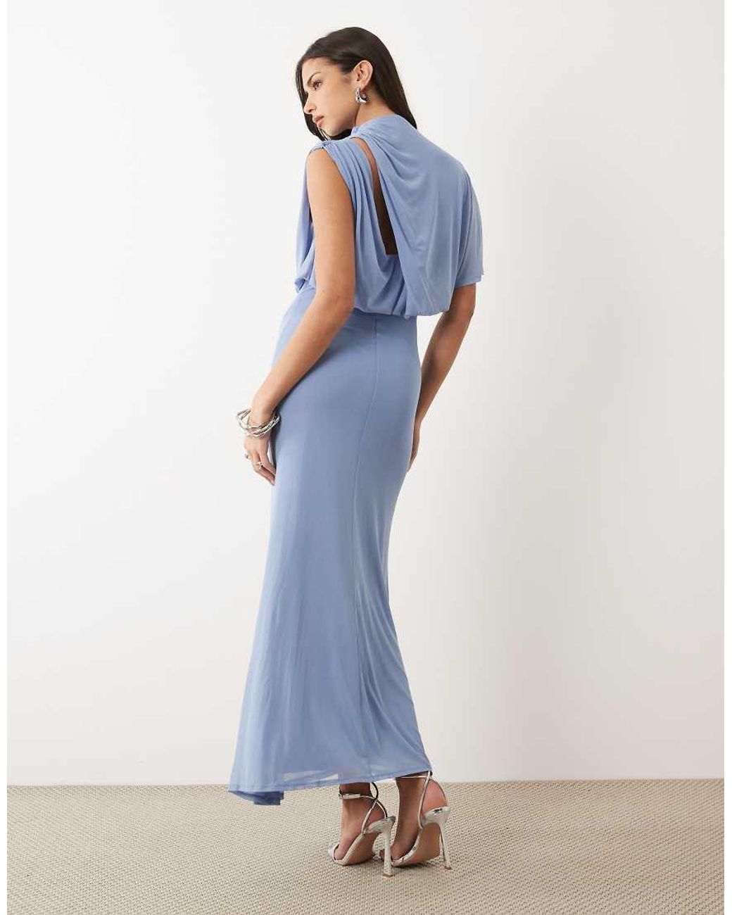 ASOS Blue Mesh Asymmetric Cap Sleeve Blouson Bodice Dress