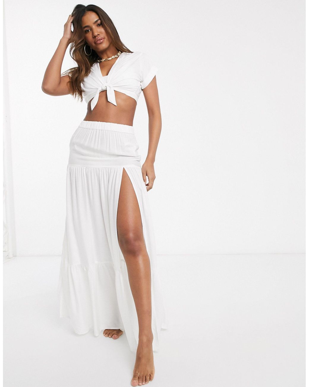South Beach Tie Front Crop Top And Slit Maxi Skirt Set in White | Lyst
