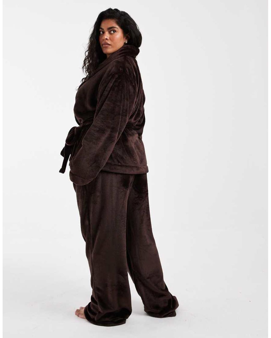Loungeable Black Curve Cozy Wrap Tie Robe Top And Trouser Set
