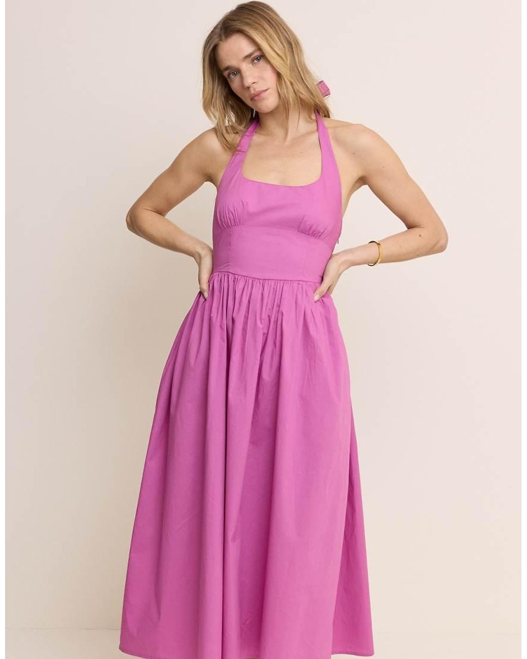 Nobody's Child Pink Hallie Cotton Rich Halter Neck Ruched Skirt Midi Dress