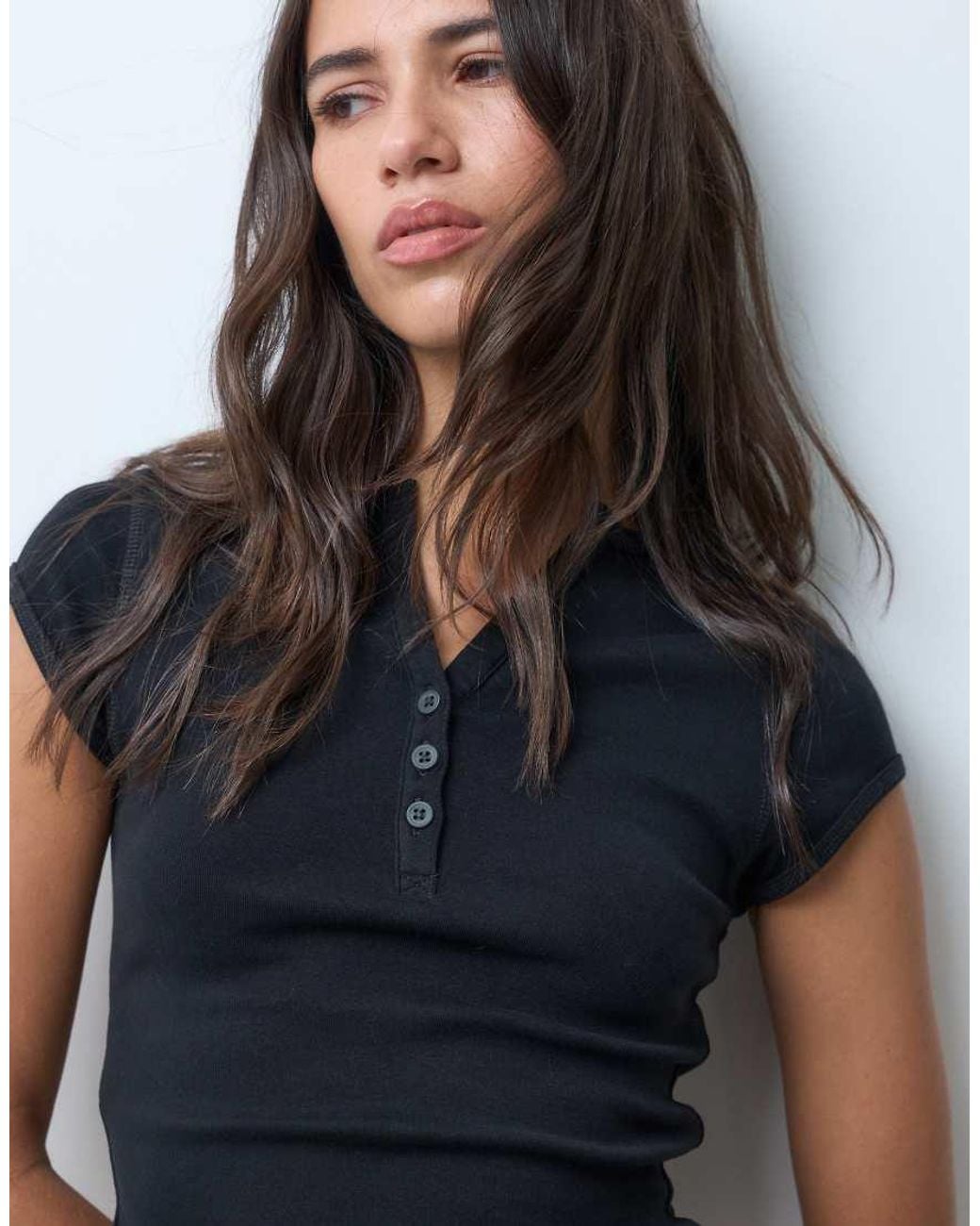 ASOS Blue Cotton V Neck Button Detail Henley Baby Tee