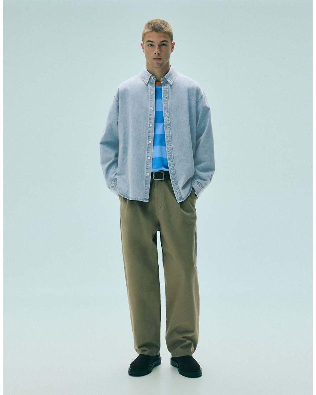 Pull&Bear Blue Long Sleeve Denim Shirt for men