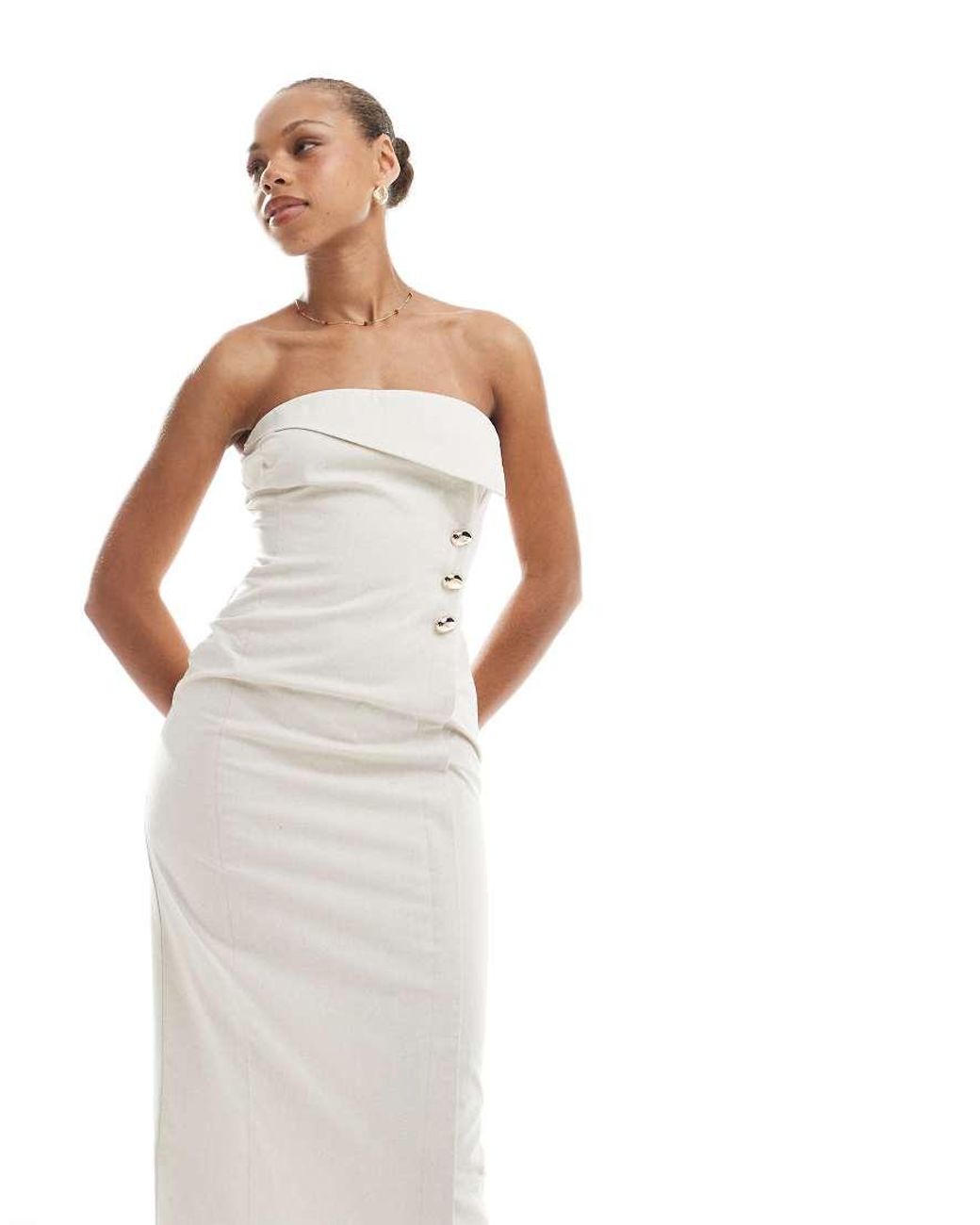 4th & Reckless White Linen Blend Bandeau Foldover Gold Button Detail Maxi Dress