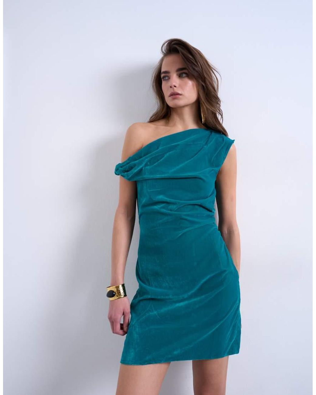 TOPSHOP Blue Grown On Twist Shoulder Velvet Mini Dress