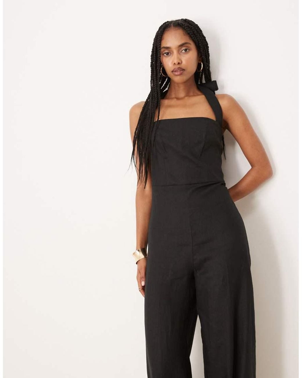 Mango Black Square Neck Halter Pleat Front Jumpsuit