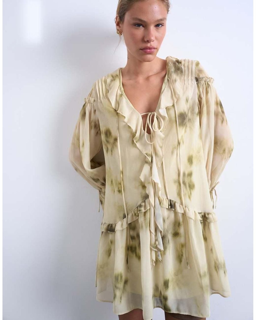TOPSHOP Natural Poet Sleeve Frill Mini Dress
