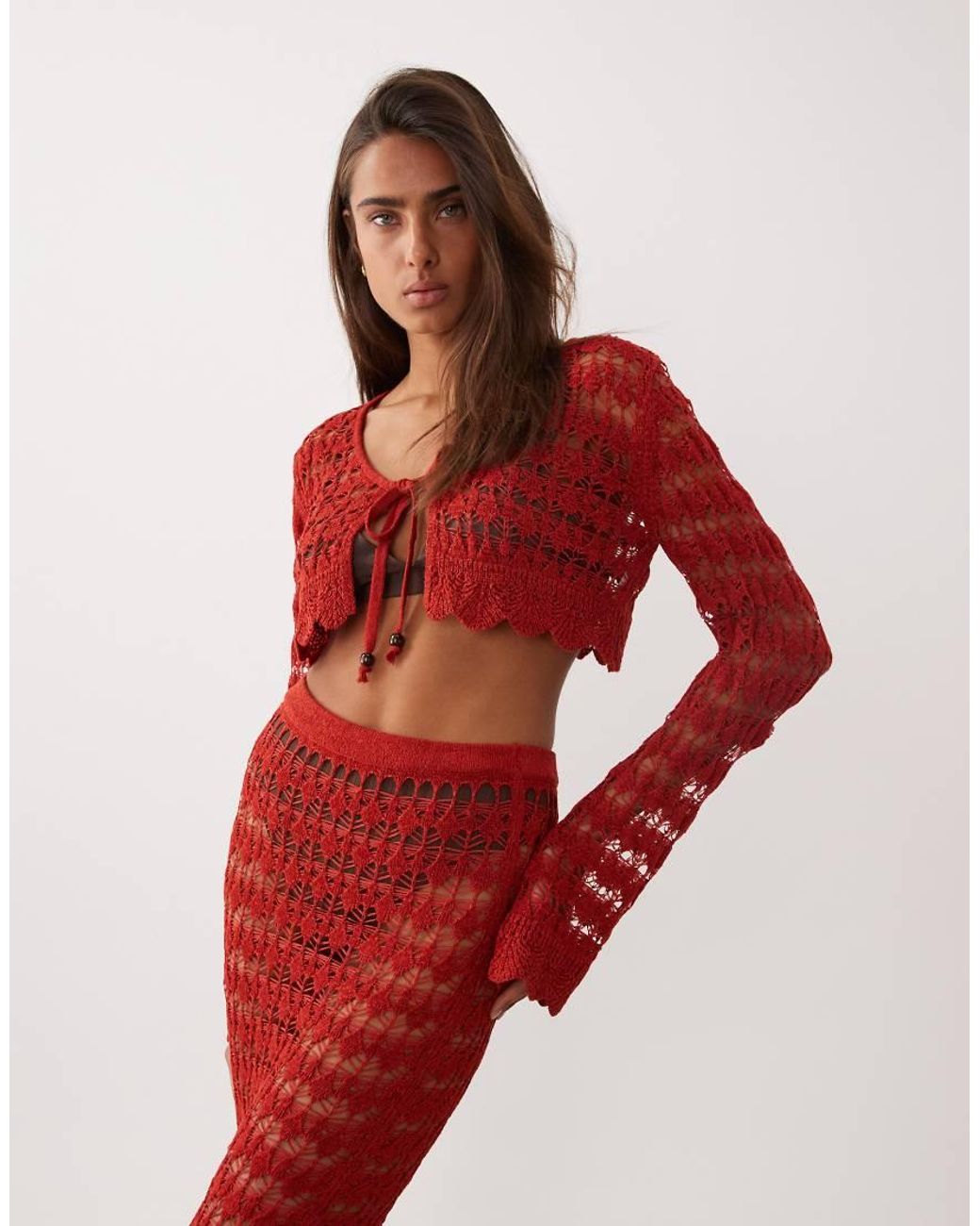 Miss Selfridge Red Crochet Long Sleeve Tie Front Cardigan