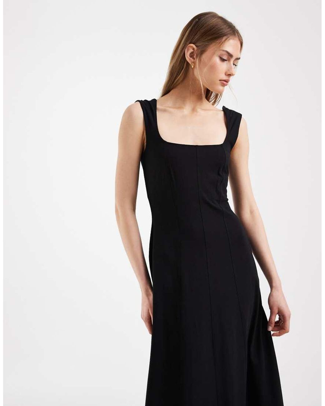ASOS Black Square Neck Seam Detail Midi Dress