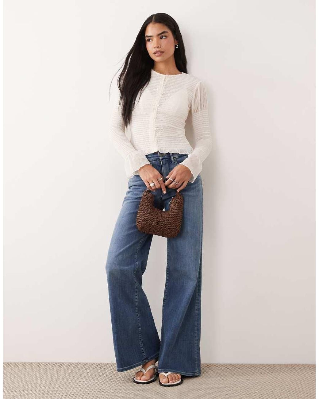 ASOS White Mesh Shirred Button Down Long Sleeve Top