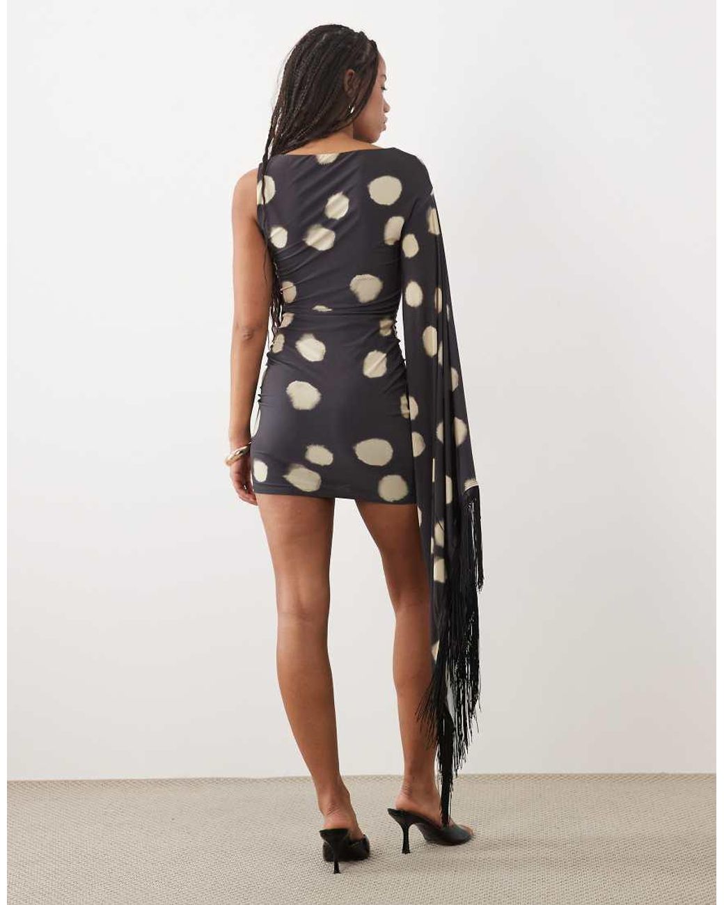 ASOS Black Printed Spot Fringe Detail Mini Dress With Batwing Sleeve