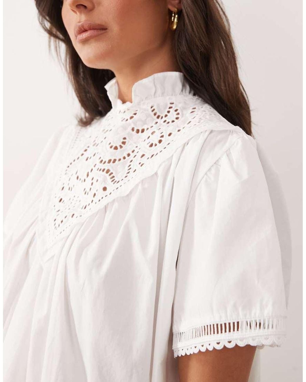 Noughts & Kisses White Cotton High Neck Lace Detail Smock Mini Dress