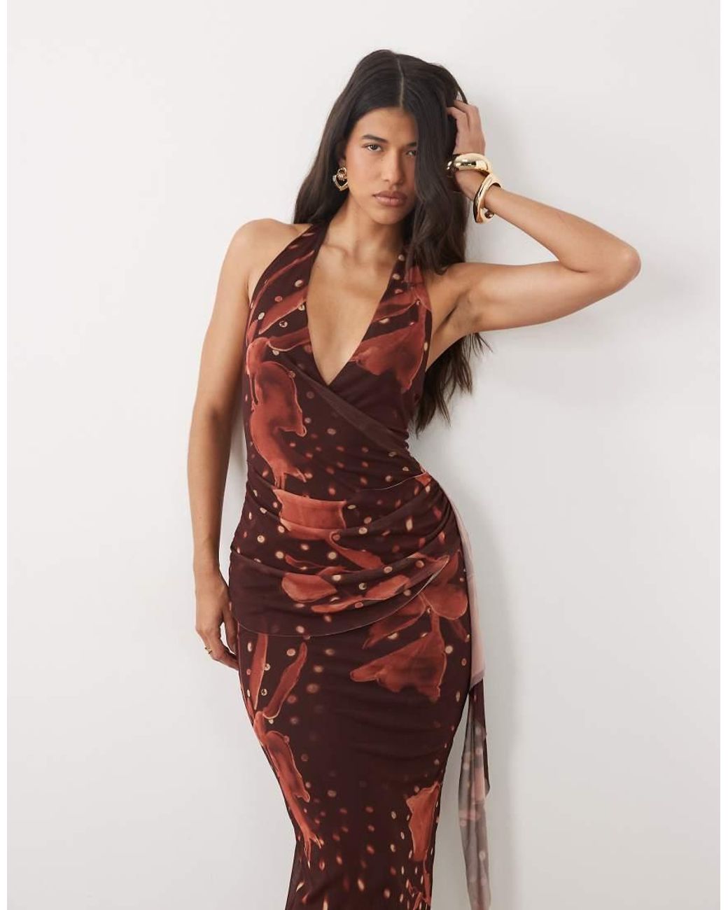 ASOS Natural Mesh Halterneck Midi Dress With Sweeping Sash Skirt