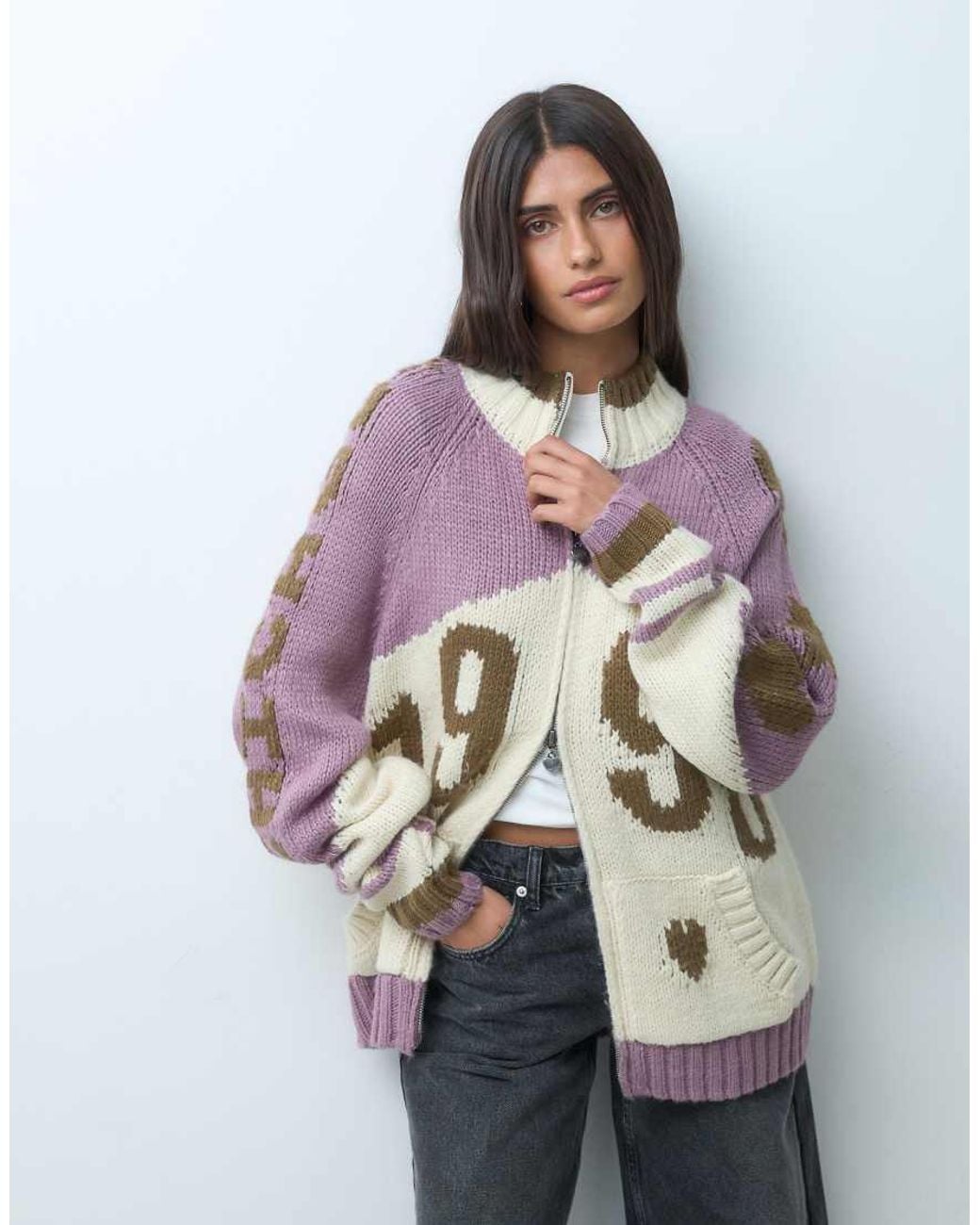 Daisy Street Gray Daisy Steet Oversized Zip Up Cardigan With Sporty Graphic