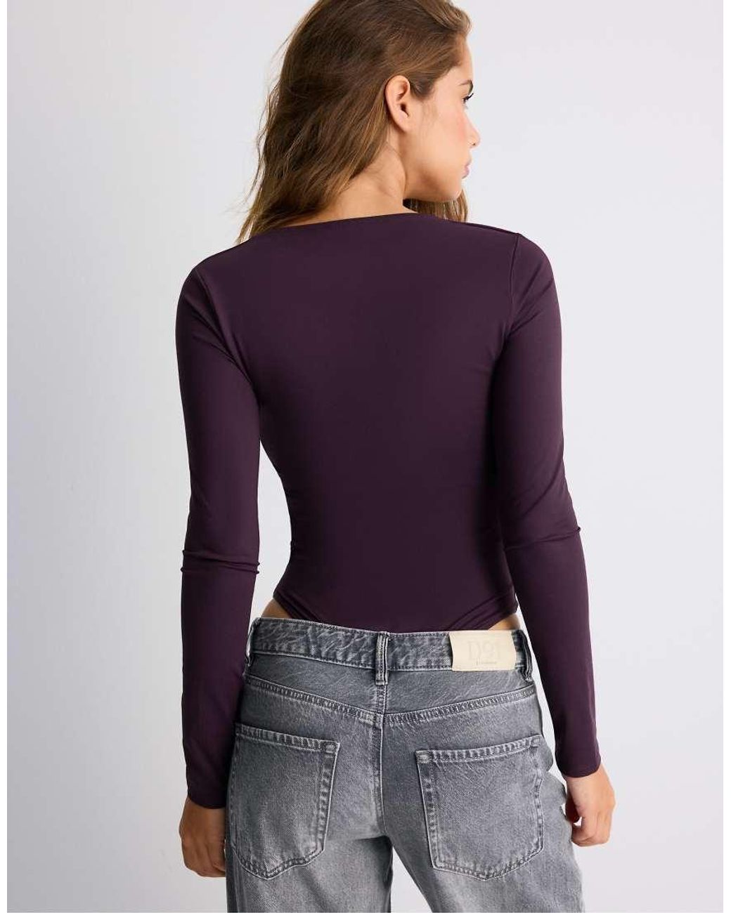 Stradivarius Purple Polyamide Bodysuit With Square Neckline