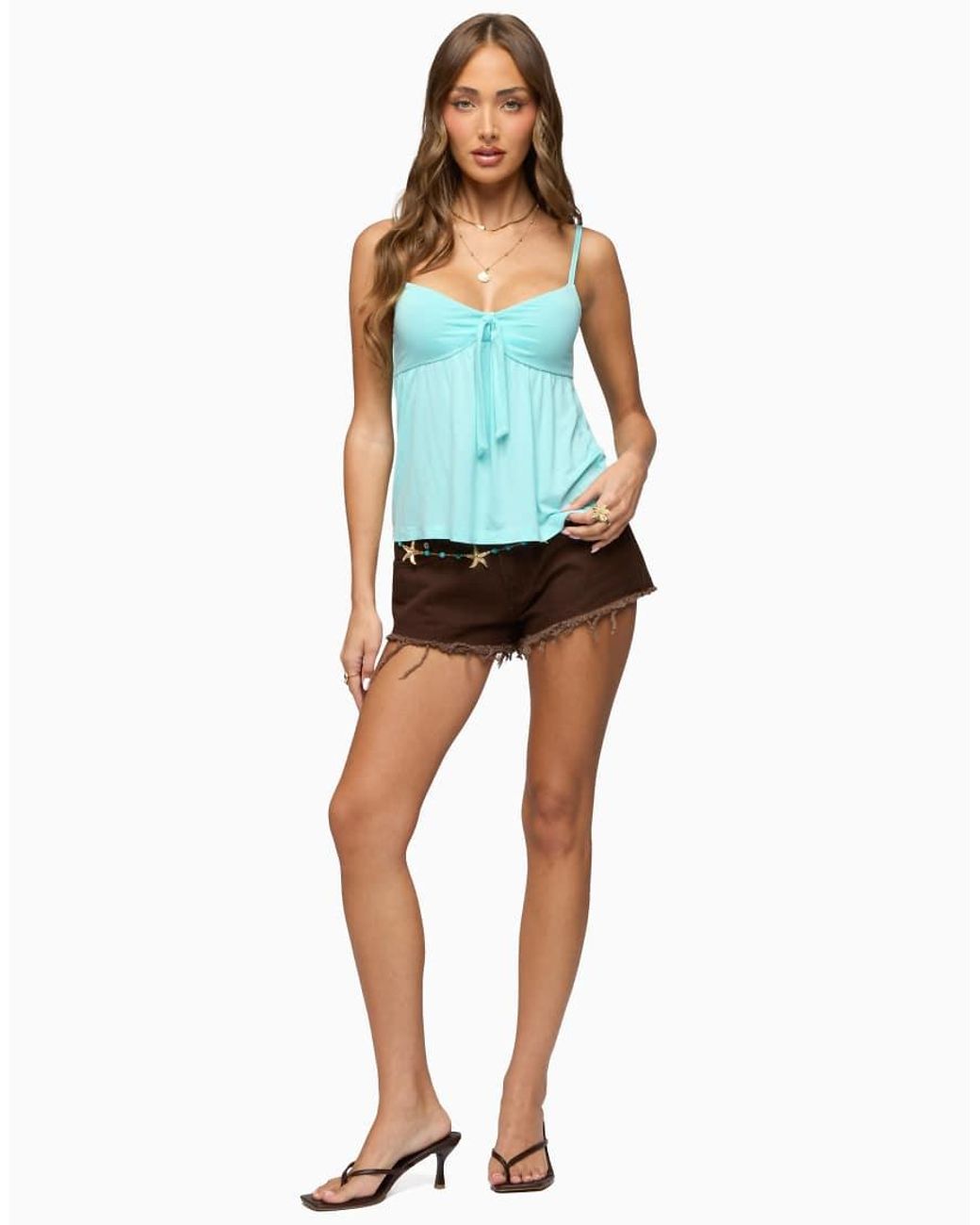 Edikted Blue Michey Tie Front Babydoll Tank Top