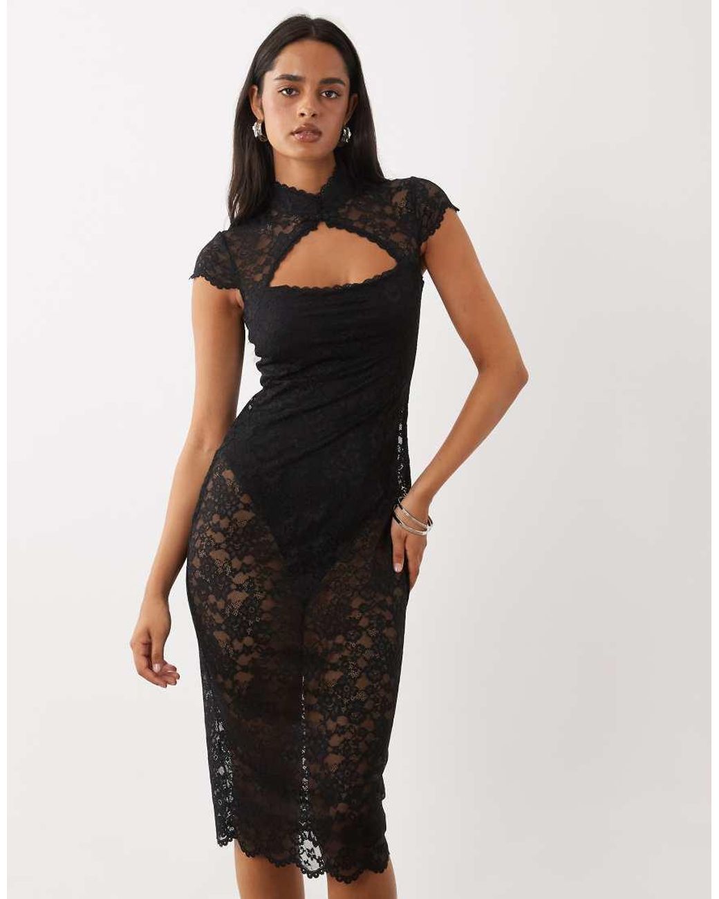 Oh Polly Black Sheer Lace Mandarin Collar Cap Sleeve Midi Dress