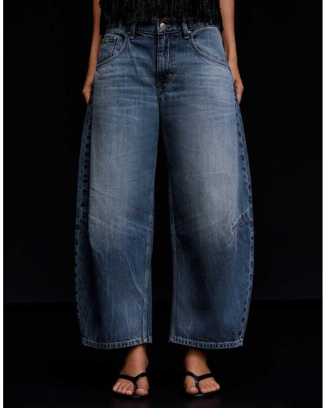 Bershka Blue Cropped Barrel-Leg Jeans