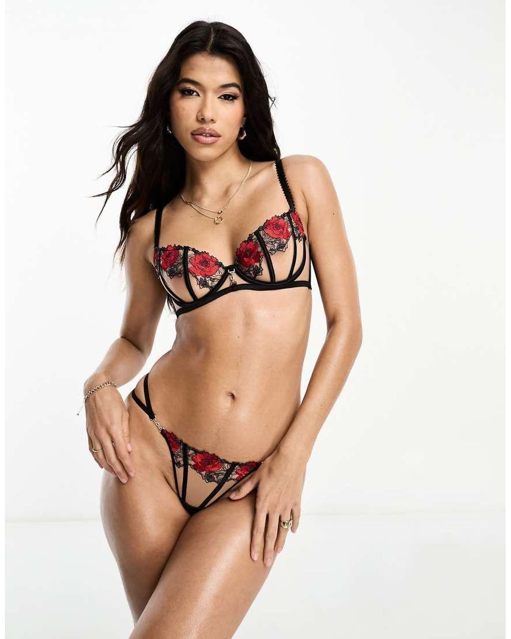 Ann Summers Black Caged Rose Thong With Floral Embroidery