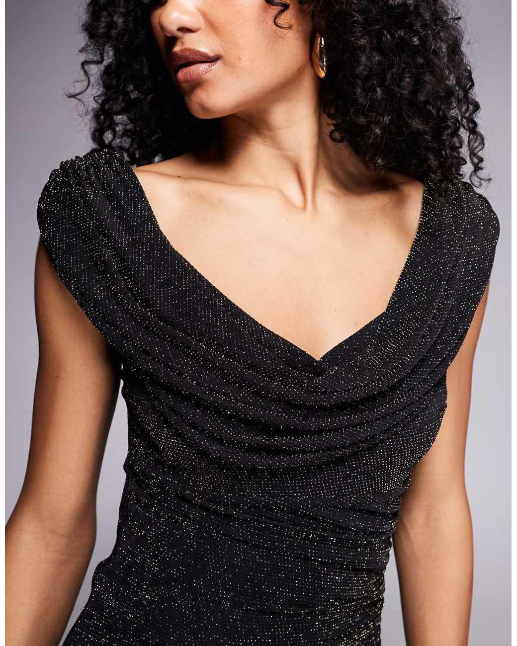 Goddiva Black Sparkle Cowl Neck Off The Shoulder Maxi Dress