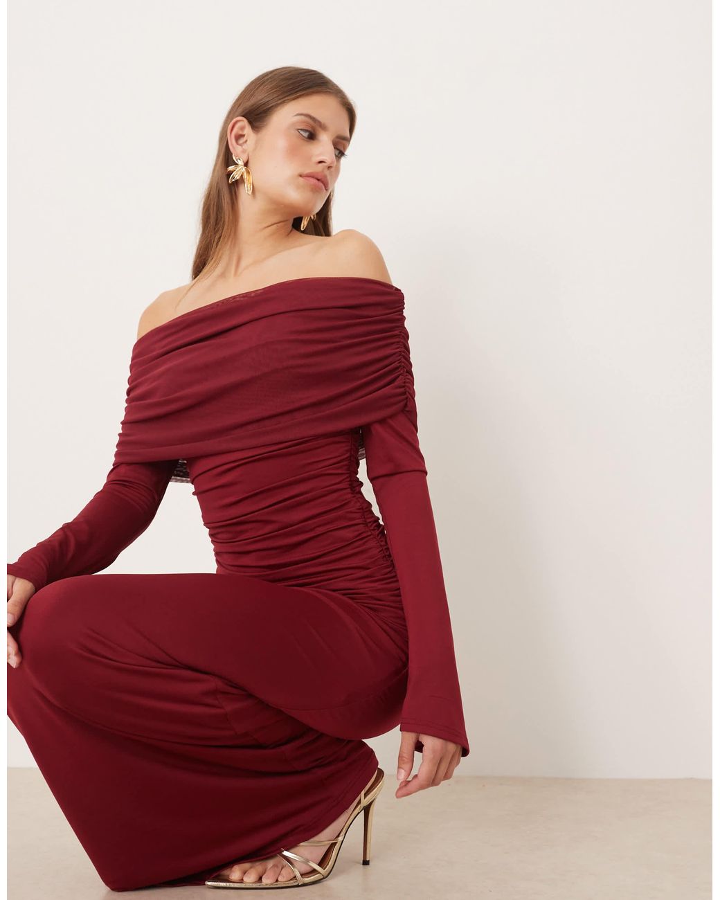 SNDY'S Red Mesh Asymmetric Shoulder Overlay Maxi Dress