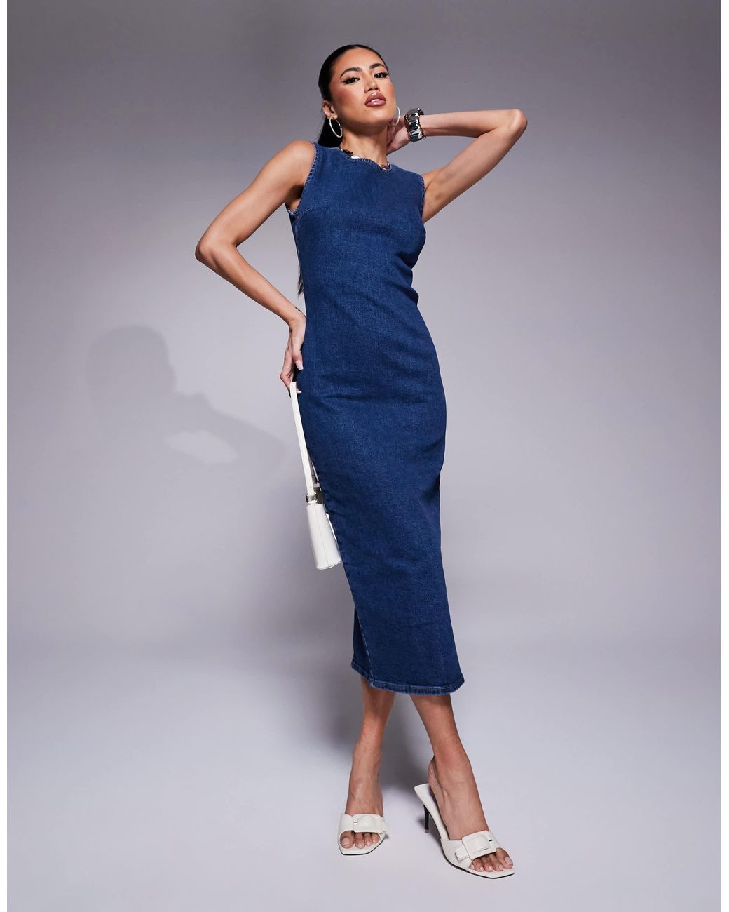 river island denim midi dress Womens River Island Blue Seamed Denim Midi Dress US 10