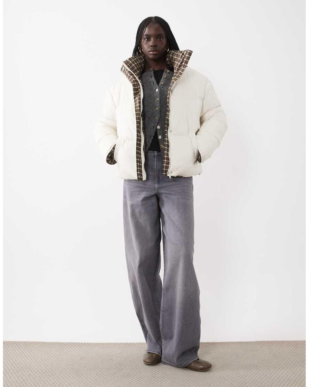 Brave Soul White Puffer Jacket With Contrast Collar And Cuff