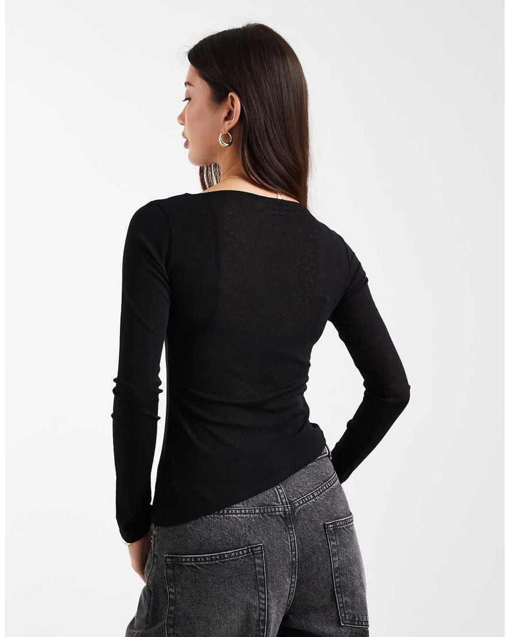 ASOS Black Sheer Mesh Long Sleeve Top With Asymmetric Hem
