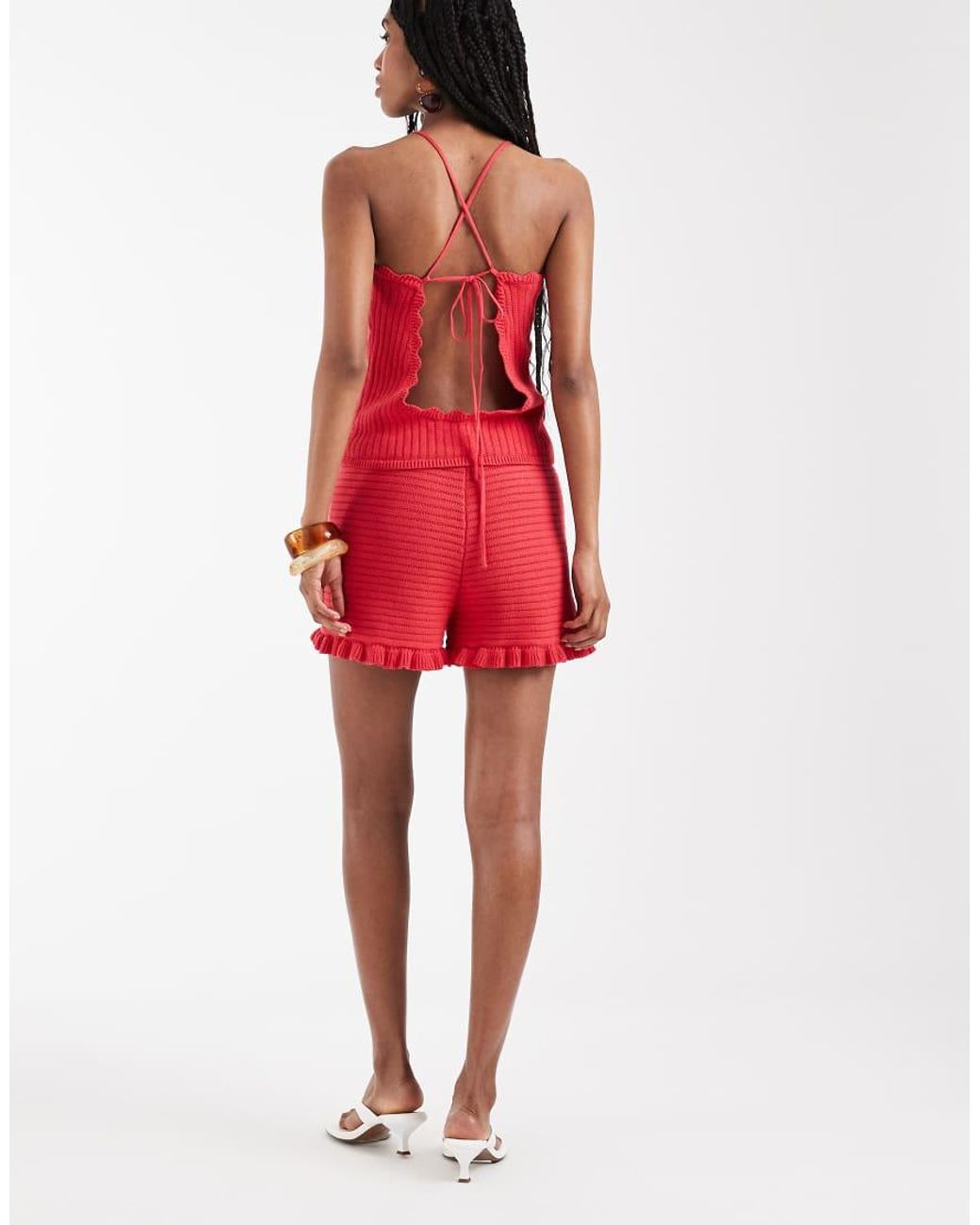 Monki Red Crochet Style Frill Hotpants Co-ord
