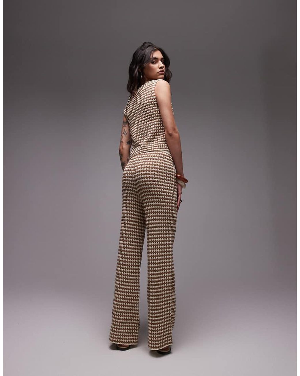 TOPSHOP Brown Knitted Check Pattern Trouser Co-ord