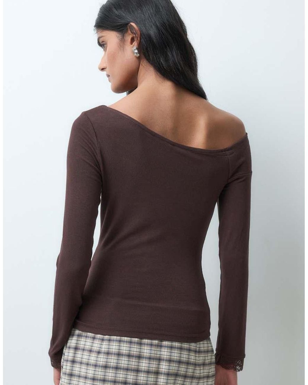 Miss Selfridge Brown Long Sleeve Twist Top With Lace Trim