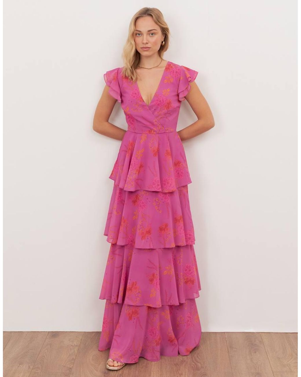 ANAYA Pink Floral Faux Wrap Flutter Sleeve Tiered Maxi Dress