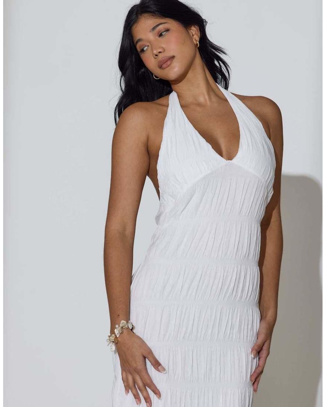 South Beach White Ruched Halterneck Maxi Dress