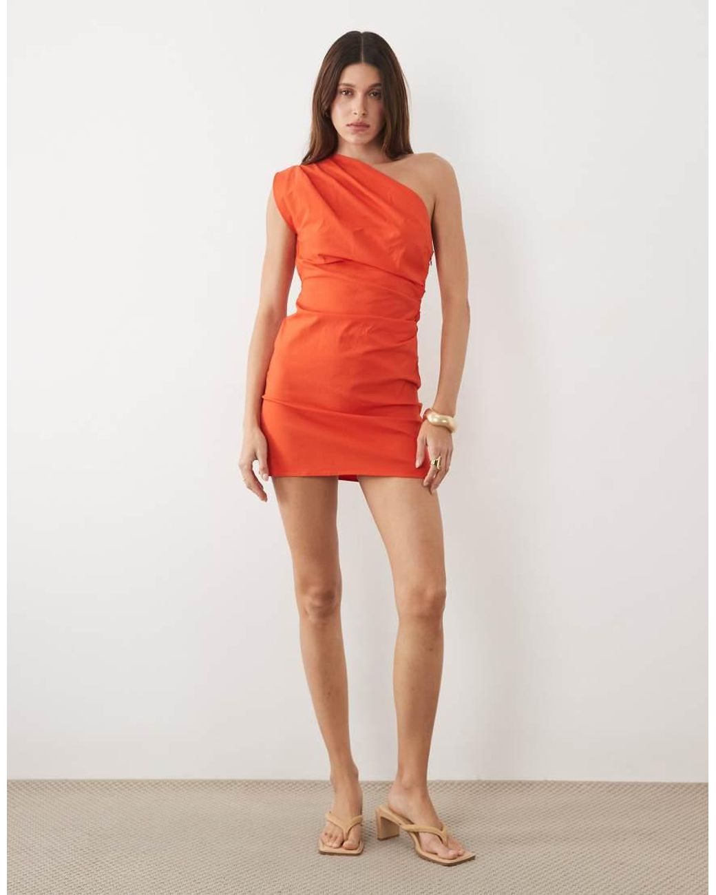 Mango Orange One Shoulder Ruched Mini Dress