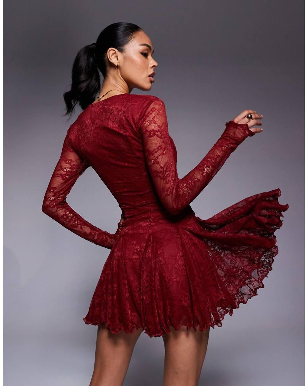 Murci Square Neck Long Sleeve Gathered Ruffle Hem Lace Mini Dress