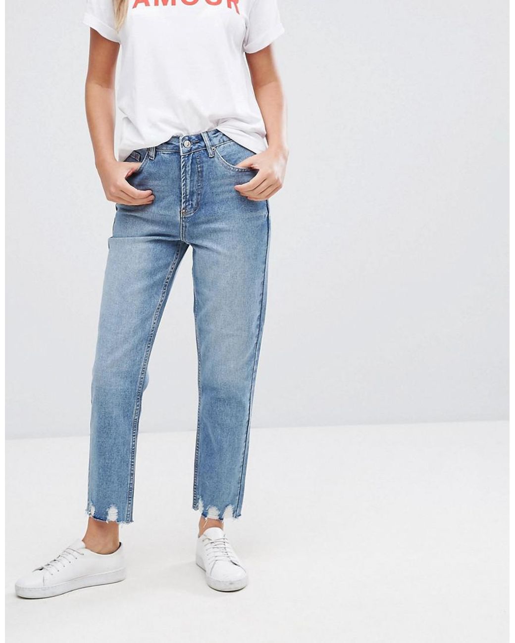 Denim Extreme Frayed Hem Mom Jeans 