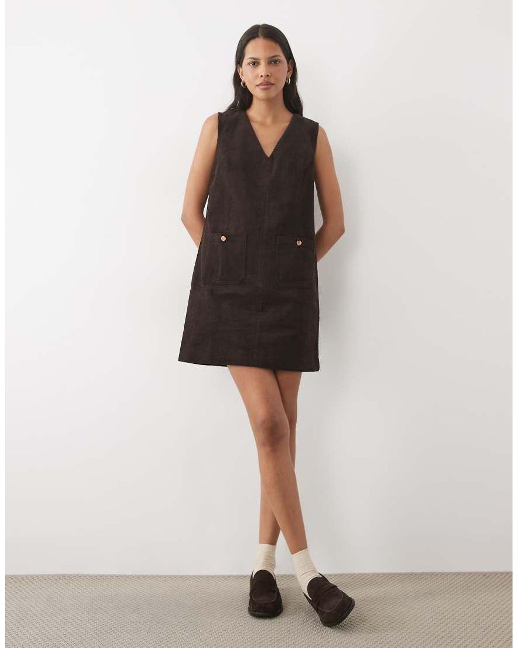 Threadbare Natural Cord Pinafore Mini Dress