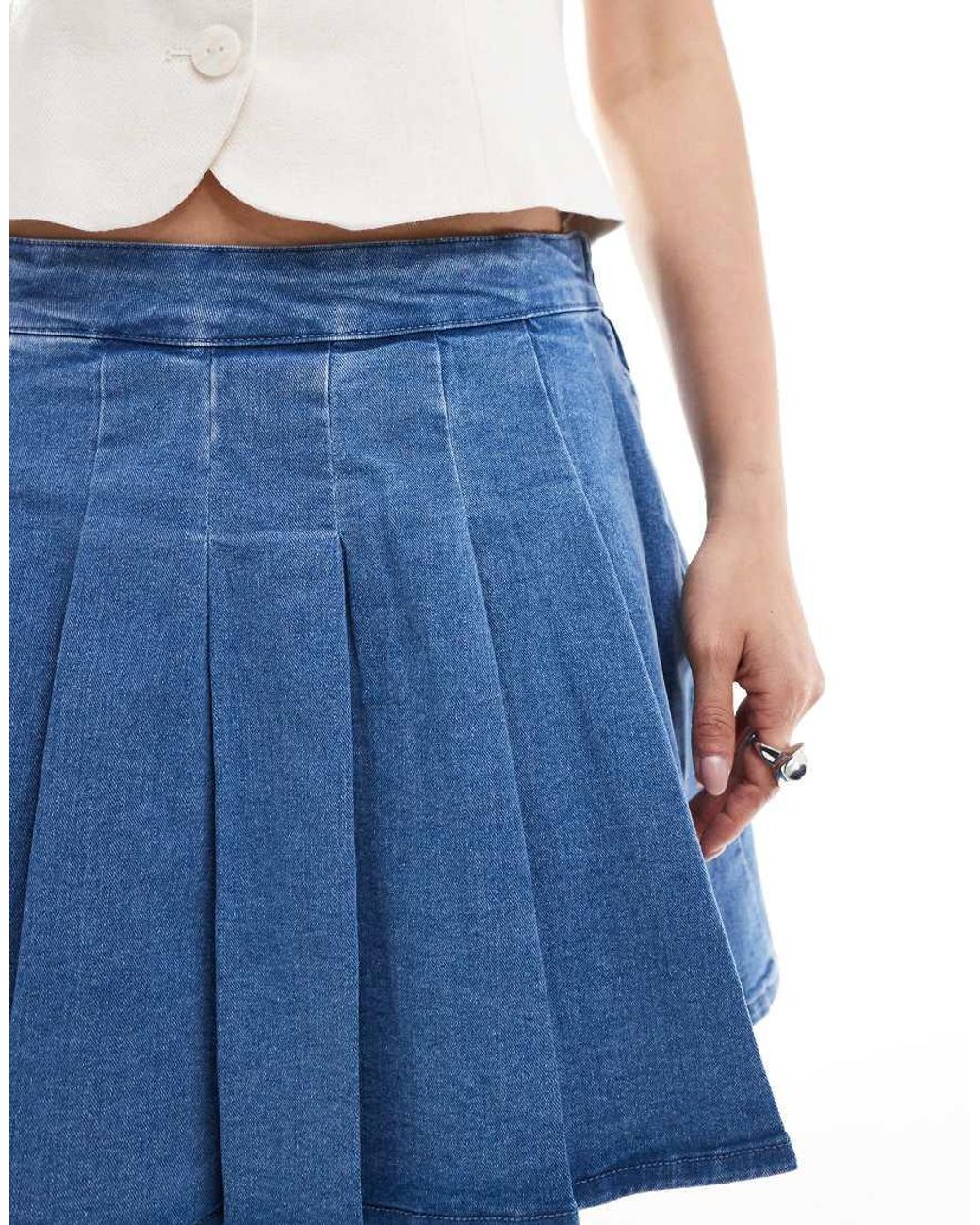 Pieces Blue Pleated Mini Denim Skirt