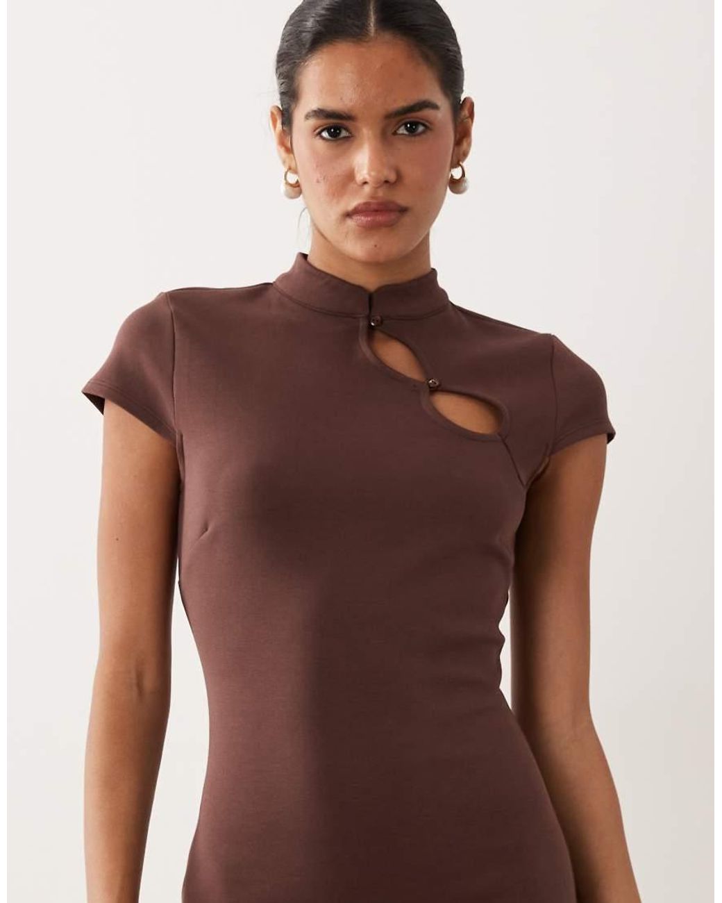 New Look Brown Mandarin Collar Keyhole Mini Dress