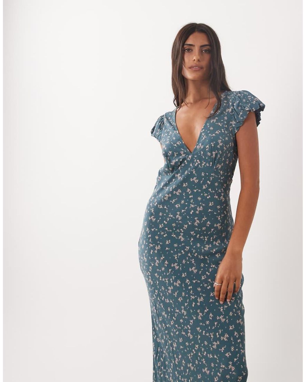 ASOS Blue Puff Sleeve V Neck Maxi Tea Dress