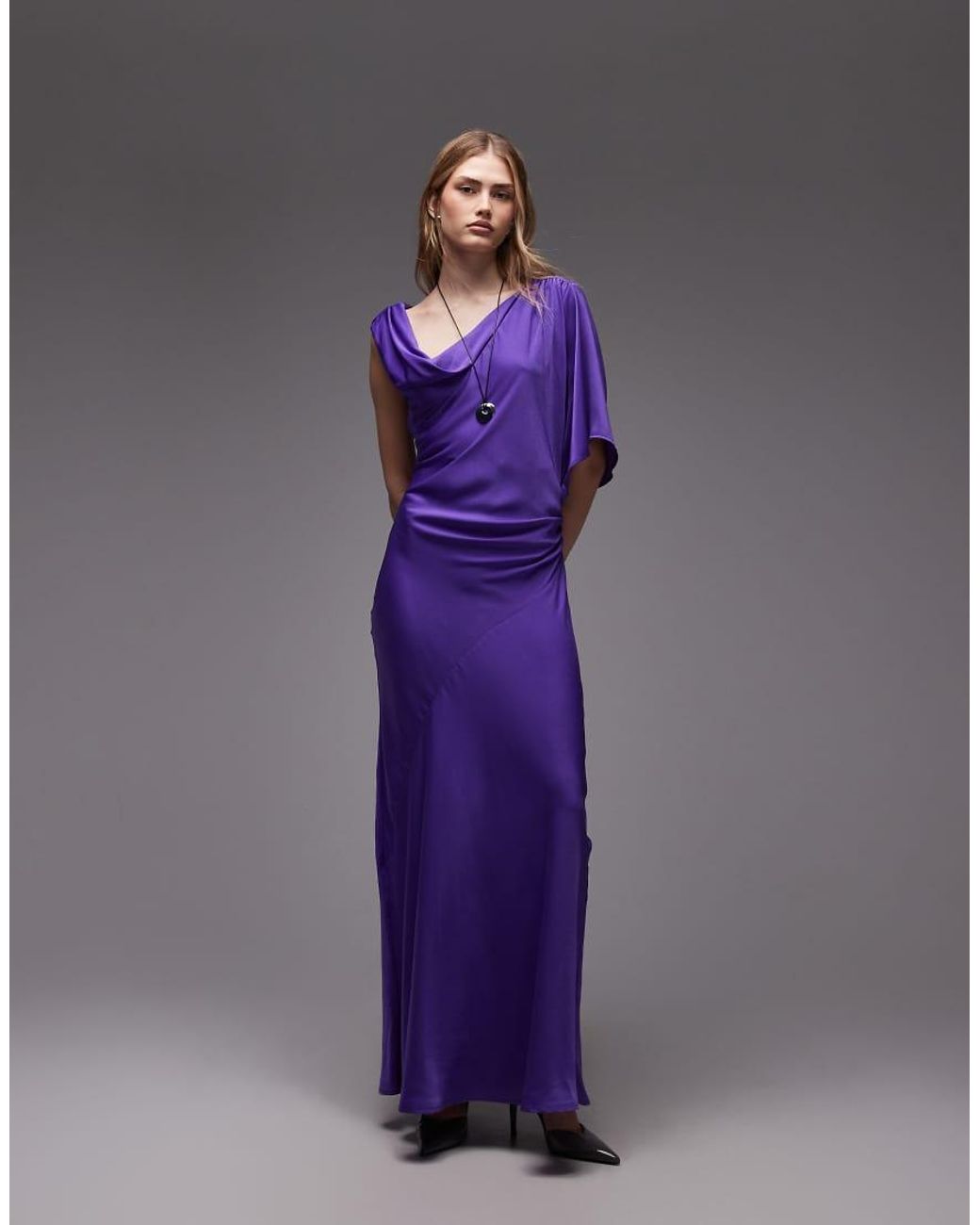 ASOS Purple Satin Maxi Dress With Cowl Front And Draped Sleeve