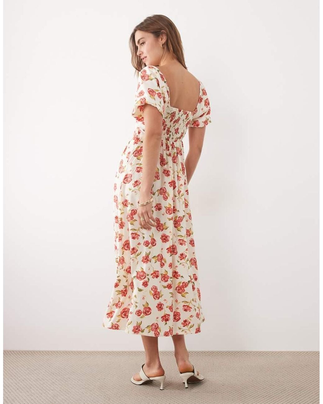 New Look Pink Rose Print Milkmaid Midi Dress