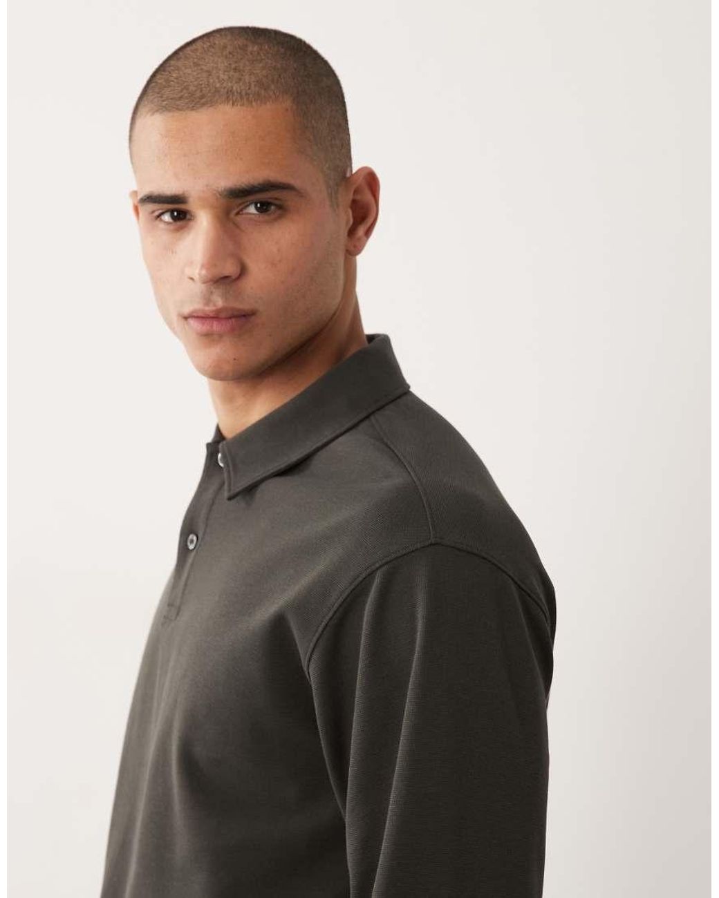SELECTED Black Waffle Long Sleeve Polo for men