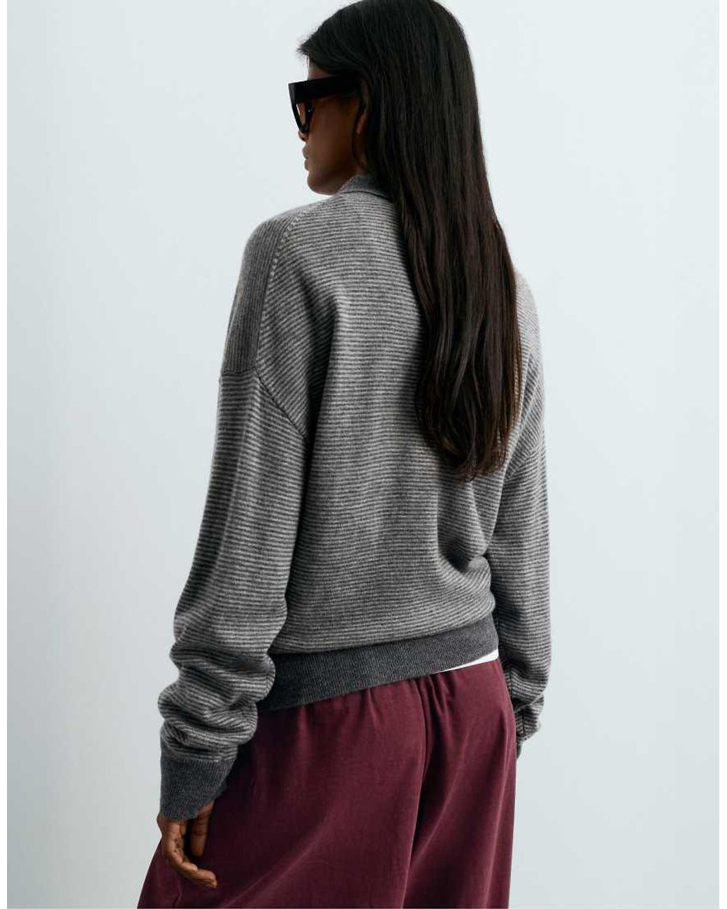 Oysho Gray Striped 100% Wool Polo Knit