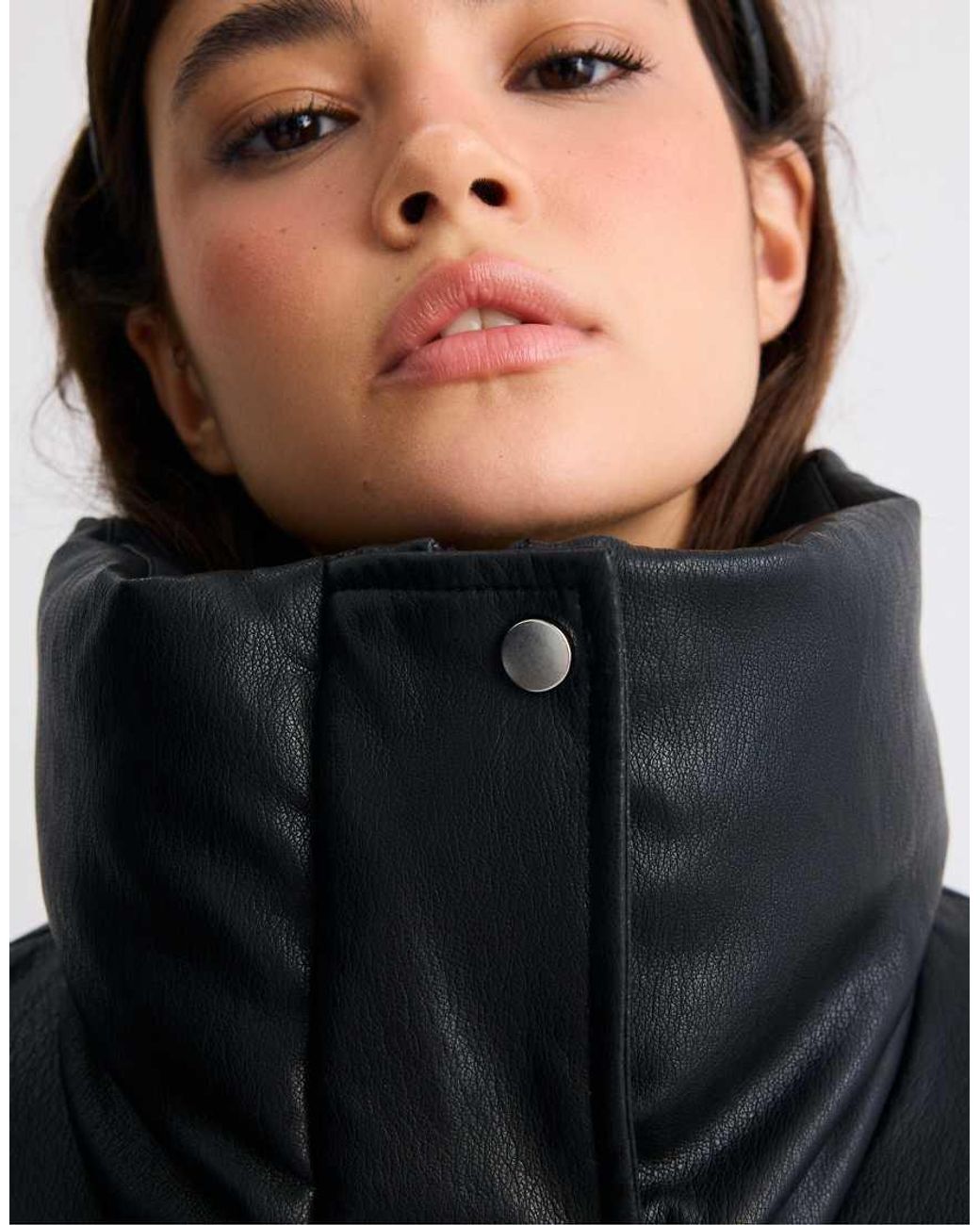 Stradivarius Black Leather Effect High Neck Puffer Jacket
