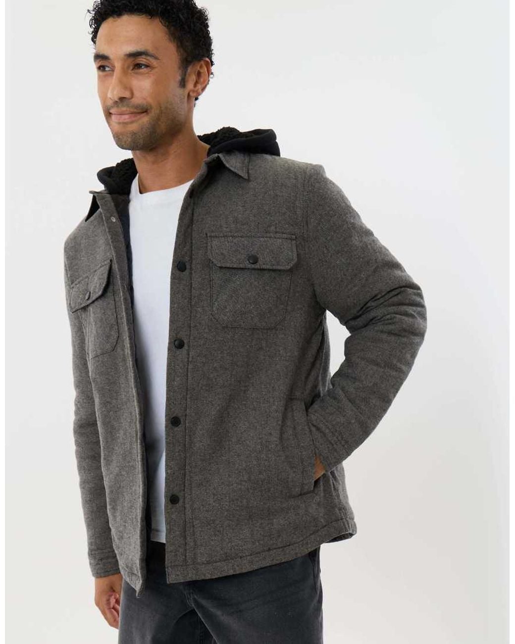 Threadbare Gray Herringbone Flannel Shacket With Sherpa Lined Hood for men