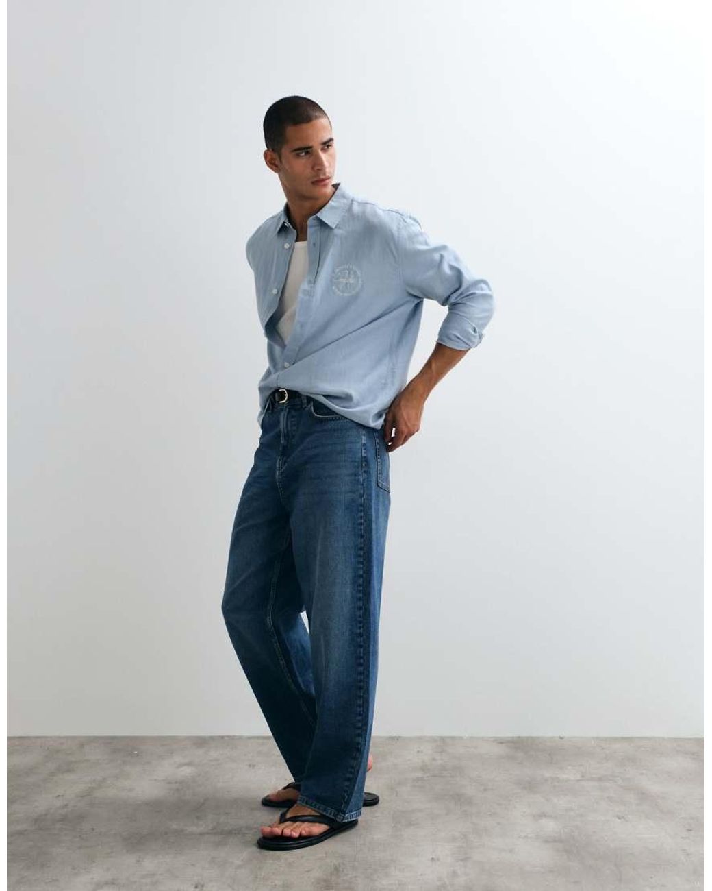 ASOS Blue Relaxed Linen Blend Shirt With Chest Embroidery for men